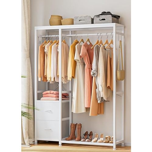 Lulive Clothes Rack, Heavy Duty Garment Rack for Hanging Clothes, Industrial Clothing Racks with Shelves, 2 Fabric Drawers, 4 Hooks, 2 Hanging Rods, Freestanding Closet Organizer