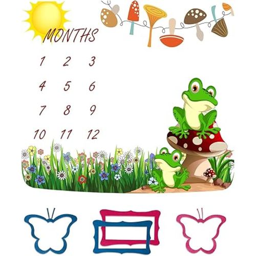 FHZON Frog Milestone Blanket Meadow Mushroom Baby Blanket with Months Recording Baby Growth Photo Props Portable Crawling Pad Swaddle Bag 48x40in BTTXFH025