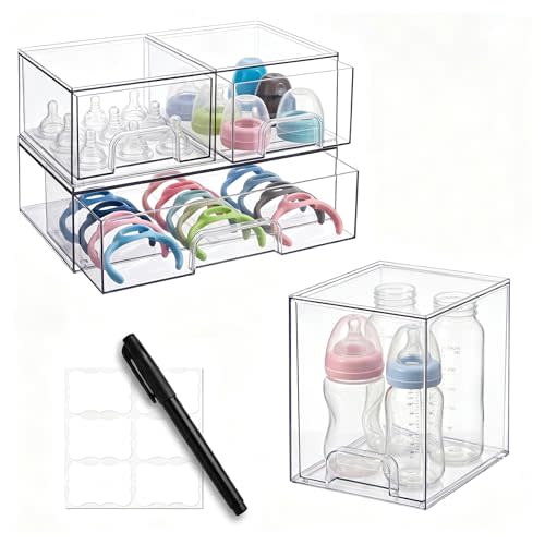 Baby Bottle Organizer, Clear Acrylic Baby Bottle Station with 4 Drawer Bins, Set with Labels, Nursery Organizer for Bottles, Pacifiers, Pump Parts, Countertop Storage for Baby Essentials
