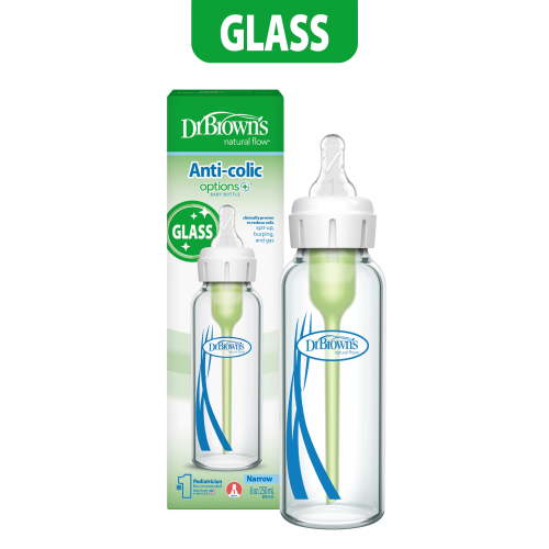 Dr. Brown's Anti-Colic Options+ Narrow Glass Baby Bottle, 8 oz, Level 1 Slow Flow Nipple, 1-Pack
