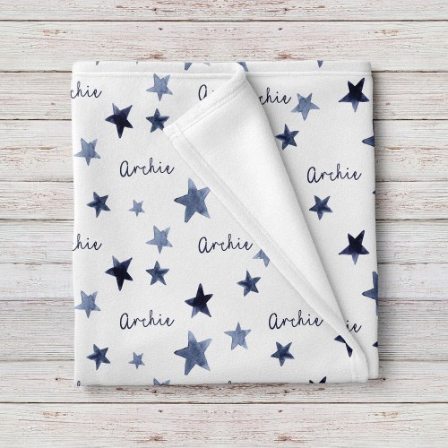 Navy Blue Stars Unisex Personalized Baby Blanket, Custom name baby shower gift