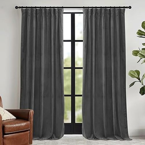 RYB HOME Grey Velvet Curtains 102 inches with Hook Belt, Soft Fabric Room Darkening Thermal Insulated Luxurious Home Decor Curtains for Living Room Bedroom, W 52" x L 102", 2 Panels Set