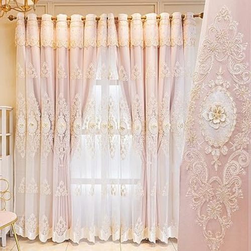 Amidoudou 1 Pair European Double Layer Curtains with Valance for Living Room Bedroom Luxury 3D Flower Embroidered Curtains (Pink,51x84 Inch)