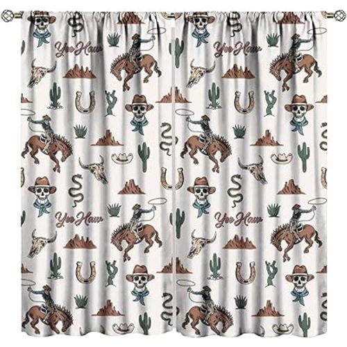 BAEKJIN Vintage Country Cowboy Curtains,Wild West Cowboy and Horses Cactus in The Desert Pattern Print Decor Home Bedroom Living Room Window Treatments 2 Panel Set 42x45 Inch