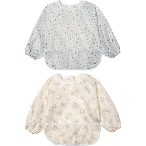 Little Dimsum Mess-Proof Baby Bibs, Pack of 2 - Rabbit & Leaves