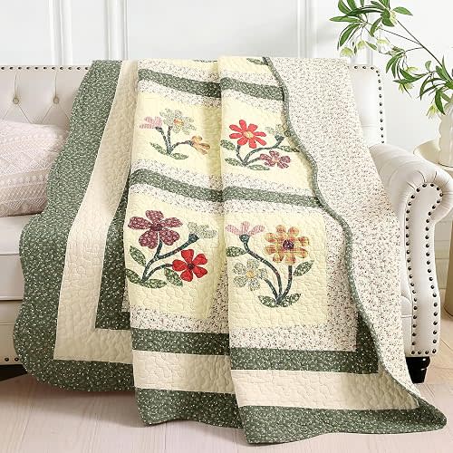 vctops 100% Cotton Quilted Throw Blanket 50x60 Inch Floral Embroidered Reversible Patchwork All Season Throw (Green A,50"x60")