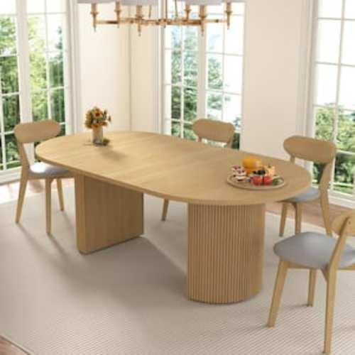 Natural Wood 78.74 in. Double Pedestal Dining Table Seats 8 with Adjustable Tabletop