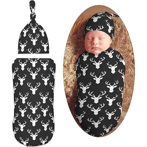 White Deer Heads Pattern Newborn Swaddle Blankets Hat Sets Soft Baby Receiving Blanket Swaddle Sack for Baby Shower Infant Boy Girl Gift