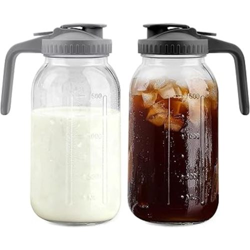 64 Oz Glass Pitcher with Lid 2 Pack, 2 Quart Heavy Duty Breast Milk Pitcher, Leak-Proof, Wide Mouth Mason Jar with Pouring Airtight Lid,Ideal for Fridge Storage(pack of 2)