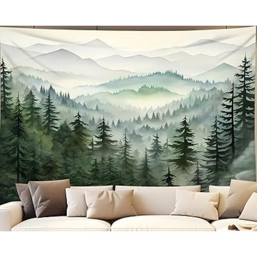 QGHOT Forest Tapestry Nature Mountain Tapestry Wall Hanging Sage Green Watercolor Landscape Wall Art for Bedroom Living Room Decor 59.1"x51.2"