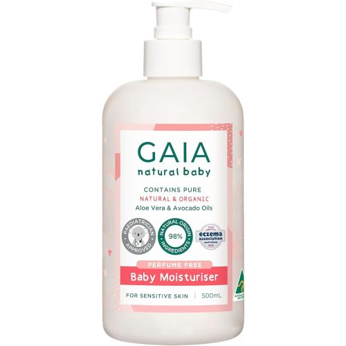 GAIA Natural Baby Moisturiser | 98% Natural Origin | Sensitive Skin formula | organic Avocado Oil | organic Aloe Vera | Nut Oil Free | Perfume Free | Paraben Free | Australian Made | 500mL