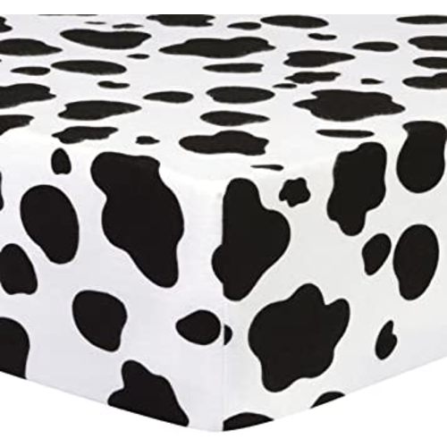 Cow Print Deluxe Flannel Fitted Crib Sheet-Cow Print, Cotton Flannel, Black, White, Fully Elasticized, 10 in Deep Pockets, Fits Standard Crib Mattress 28 in x 52 in