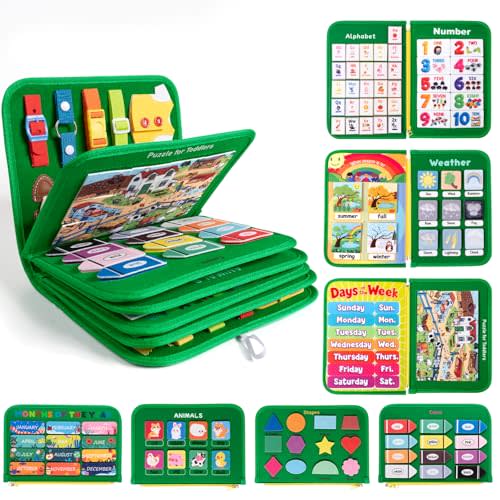 Toddler Busy Board Montessori Toys for Kids, 12-Page Quiet Busy Book, 24 in 1 Educational Activity Sensory Learning Toy Motor Skills, Travel Toys for Car Airplane, Boy Girl Birthday Gifts (Dinosaur)