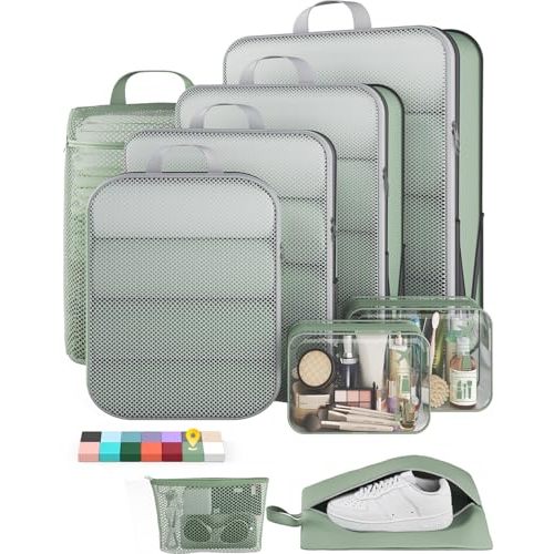 Veken 9/11 Set Compression Packing Cubes for Travel Essentials,Compressible Expandable Large Luggage Suitcase Organizer Bags for Clothing,Durable Space Saver Storage Bags(Matcha Green)