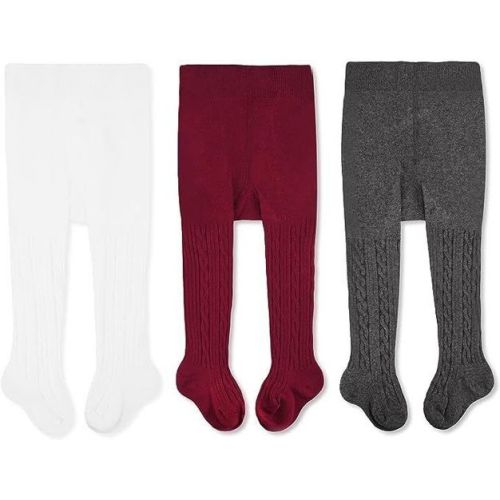 Cozyway Cable Knit Cotton Leggings/Tights for Baby Girls, 3 Pack, White/Dark Gray/Burgundy, 6-12 Months Old