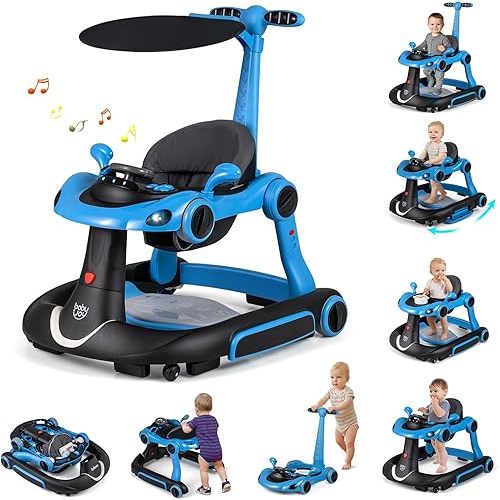 BABY JOY 7-in-1 Baby Walker, Foldable Baby Walker and Bouncer Combo with Handle, Adjustable Height & Speed, Music, Lights, Rocker/Push Mode, Baby Walker with Wheels for Boys Girls 7-18 Months (Blue)