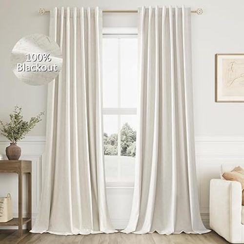 Cream Linen Blackout Curtains 96 Inch Length 2 Panels Set