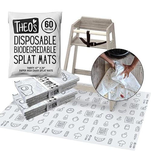 60 Pack | Disposable Splat Mats | THEO'S MATS | Highchair Splat Mat for Floor | Baby Led Weaning Supplies | Biodegradable (THEO001)