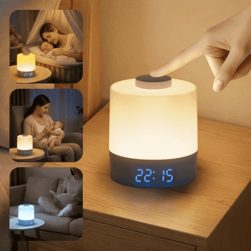 Night Light for Kids & Adults  3 Color Rechargeable LED Lamp with Stepless Dimming, Touch Control, Digital Clock & Shake-to-Wake, Portable for Breastfeeding, Bedroom, Travel  Blue