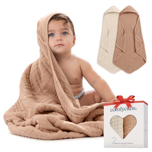 Comfy Cubs Hooded Baby Towel 2-Pack, Large 32 x 32 Inch - 6 Layer 100% Muslin Cotton for Babies, Toddlers, Kids - Soft & Absorbent Baby Bath Towels - Unisex Design for Bath Time, Cedar and Sand