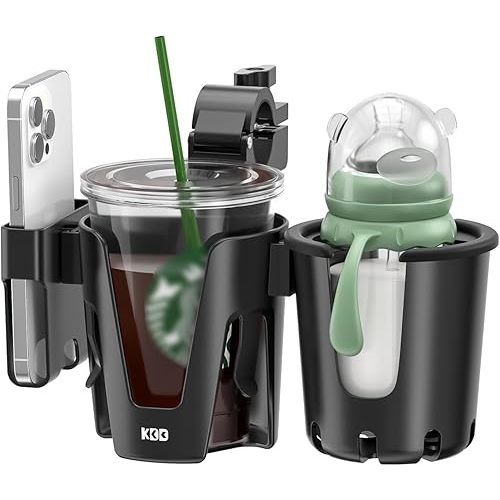KDD Stroller Cup Holder with Phone Holder, 3-in-1 Removable Bottle Holder, 360 Degrees Rotation Drink Holder for Wheelchair, Stroller, Bike, Walker, Scooter, Bicycle, Uppababy, Bugaboo, Britax