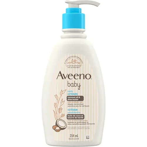 Aveeno Crème hydratante quotidienne pour bébé, légèrement parfumée, beurre de karité, huile de noix de coco, avoine prébiotique, hypoallergénique, 354 ml