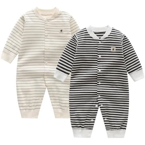 Newborn Baby Boys 2 Pack Cotton Romper Outfits Infant Long Sleeve One-Piece Toddler Button Jumpsuits