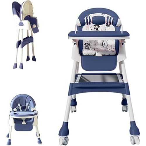 Foldable 4-in-1 Baby High Chair, Infant to Toddler Feeding Chair with Play Tray & Built-in Toys, Removable PU Cushion, Easy to Clean Dining & Activity Chair–Blue