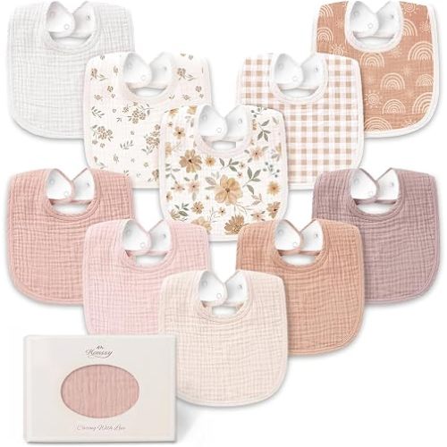 Konssy 10-Pack Muslin Baby Bibs for Drooling and Teething