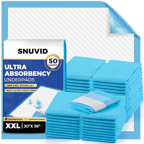 Super Absorbent Disposable Underpads - XXL (30" x 36") Leakproof Bed Pads | Quick-Dry, Ultra Thick for Heavy Incontinence | Chux Pads for Adults, Seniors, Kids, Baby & Pets - 50 Pack