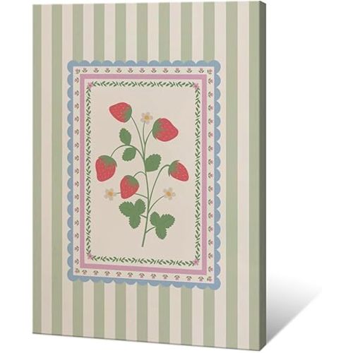 Vintage Green Striped Strawberry Canvas Prints Painting Trendy Botanical Flowers Posters Cute Fruit Cottagecore Wall Art Farmhouse Boho Aesthetic Pictures Decor for Kitchen Bedroom 12x16inch Framed