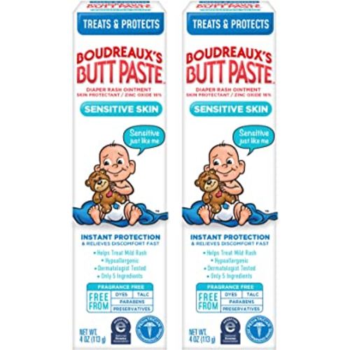 Boudreaux's Butt Paste for Sensitive Skin Diaper Rash Cream, Ointment for Baby, 4 oz Tube, 2 Pack