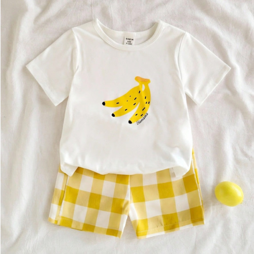 SHEIN Vintaside Kids Baby Boys 2pcs Outfit Set - Banana Fruit Print Cute Fashion Versatile All-Match Pastoral Country Style Plaid Korean Style
