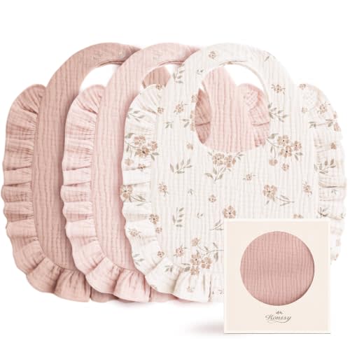 Konssy 3-Pack Muslin Baby Girl Bibs, 100% Cotton with Ruffle Trim | Ultra Soft & Absorbent, Baby Essentials for Drooling and Teething, for Newborn, Infant & Toddler 0-36 Months