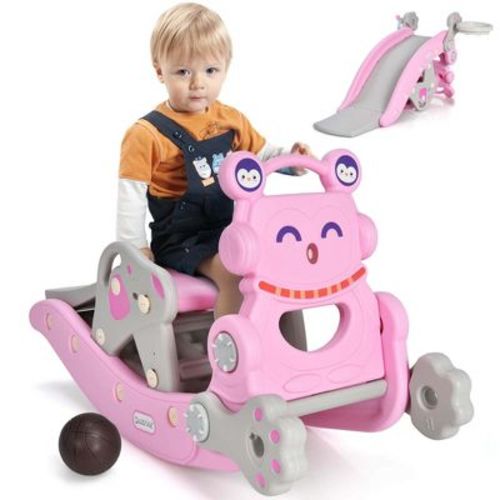 Costway 4-in-1 Rocking Horse & Slide Set Toddler Slide Toy with Basketball Hoop Pink