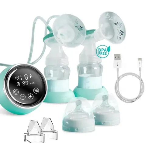 Electric Breast Pump, High-Definition LCD- Portable Breast Pump, Backflow Design, 2 Modes Pumps and 9 Levels- Extractor De Leche Materna Electrico- BPA Free, Double-Green
