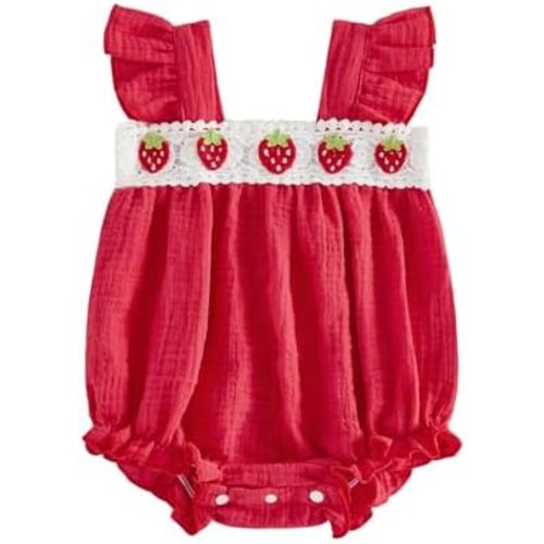 BULINGNA Newborn Infant Baby Girl Summer One Piece Outfit Fly Sleeve Strawberry Onesie Bubble Romper Sunsuit