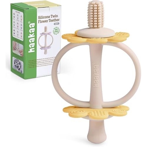 haakaa Silicone Twin Flower Teether,Nipple-Shaped End for Gum Massage,360° Baby Toothbrush Head for Self-Brushing Training,Easy to Grip -Mango