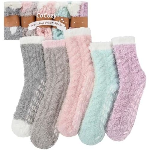 Fuzzy Socks with Grips for Women, 5 Pairs Soft Fluffy Sleep Cozy Hospital Socks Non Skid Plush Slipper Socks Gifts