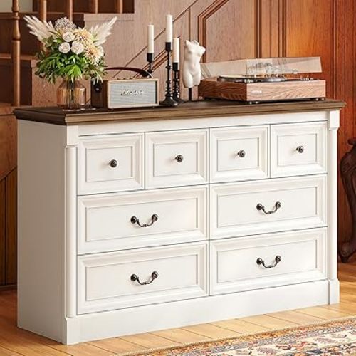 Concho Farmhouse 8 Drawers Dresser for Bedroom, 53'' Wide Wood Chest of Drawers with Spacious Deep Storage Space, Rustic Storage Dressers Organizer, TV Stand for Living Room, Bedroom, Antique White