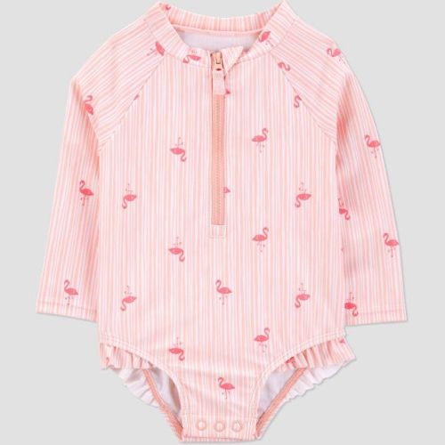 Carter's Just One You®️ Baby Girls' Long Sleeve Flamingo Printed One Piece Rash Guard - Pink 12M: UPF 50+, Elastic Leg Openings
