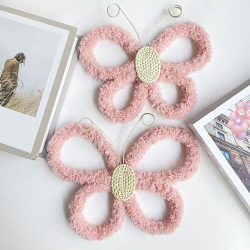 predolo 2 Pieces Butterfly Wall Art Decor Wall Hanging Decoration Boho, Bohemian Modern Art Crafts for Bedroom, Office, Kids Room, Pink