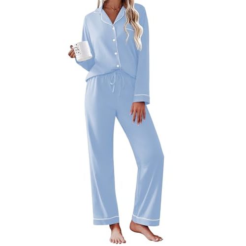 Ekouaer Womens Pajamas Set Cotton Long Sleeve Button Down Sleepwear Top and Long Pants Set Soft 2 Piece Pjs Lounge Set S-XXL