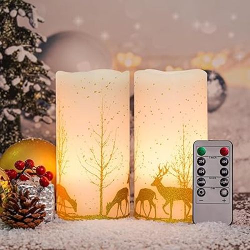 2Pack Christmas LED Flickering Flameless Candles, Battery Operated Wax Candles with Timer Remote, Flameless Pillar Candles with Forest Deer Decal for Home Decorations Christmas Gifts [Gold, 3"X6"]
