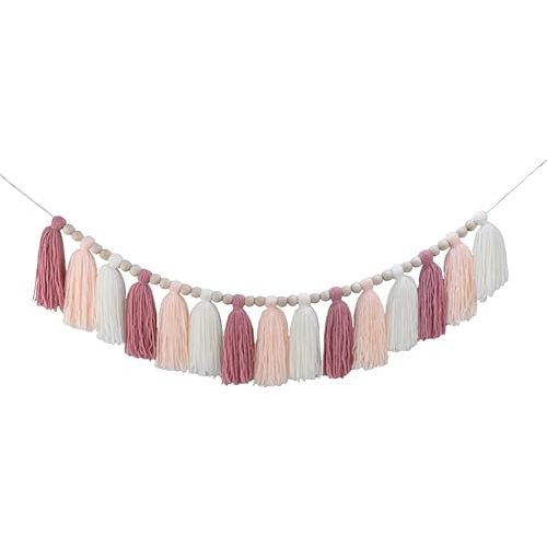 DrCor Pastel Pink Boho Tassel Garland – Blush Nursery Wall Decor for Girls Bedroom, Kids Room or Dorm, Gender Reveal or Baby Shower Backdrop, Bohemian Mantel or Entryway Decoration