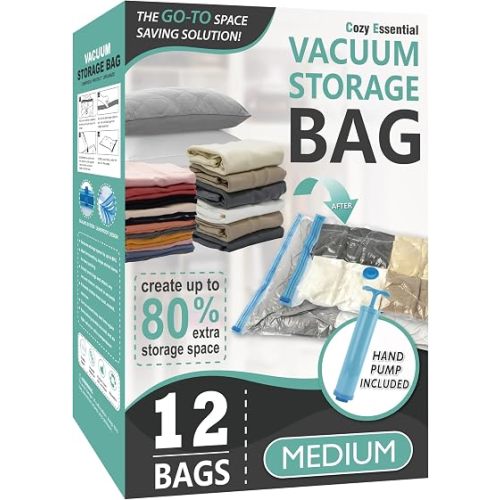 Cozy Essential Vacuum Storage Bags, 80% Compression Vacuum Seal Space Saver Plastic Packaging Bags for Clothes, Blankets, Pillow, Bedding, Comforters, Sealer Clothing Storage,12 Medium