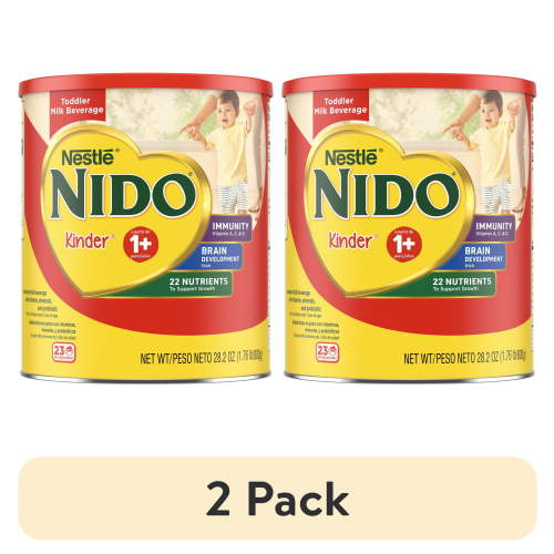 (2 pack) NIDO Kinder 1+ Powder Beverage Mix, Immunity Toddler Milk with Vitamins A, C, D, Iron to Support Growth, 28.2 oz Canister