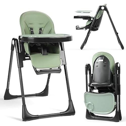 TODEFULL 3 in 1 Foldable Baby High Chair, Infant High Chairs for Babies and Toddlers, 6 Height & 5 Recline Adjustable Toddler Feeding Chair, 2 Tray Depth & 3 Footrest Angles, 2 Built-in Wheels, Green