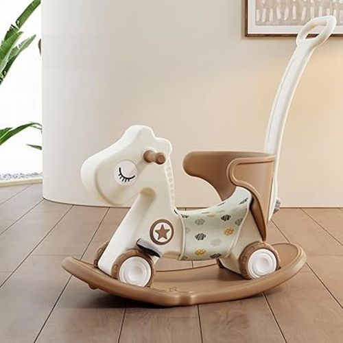 4 in 1 Rocking Horse for Toddlers 1-3, Baby Ride On Toys with Balance Board & Push Handle, Convertible Push Car, Birthday Gift for 1 Year Old Boys Girls (Tan)