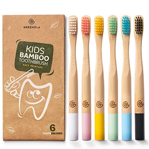 GREENZLA 6 Pack Kids Bamboo Toothbrushes, Natural Toothbrush Set, Soft Bristles, Durable Charcoal Wooden Brushes, Compostable Design for Toddlers and Children